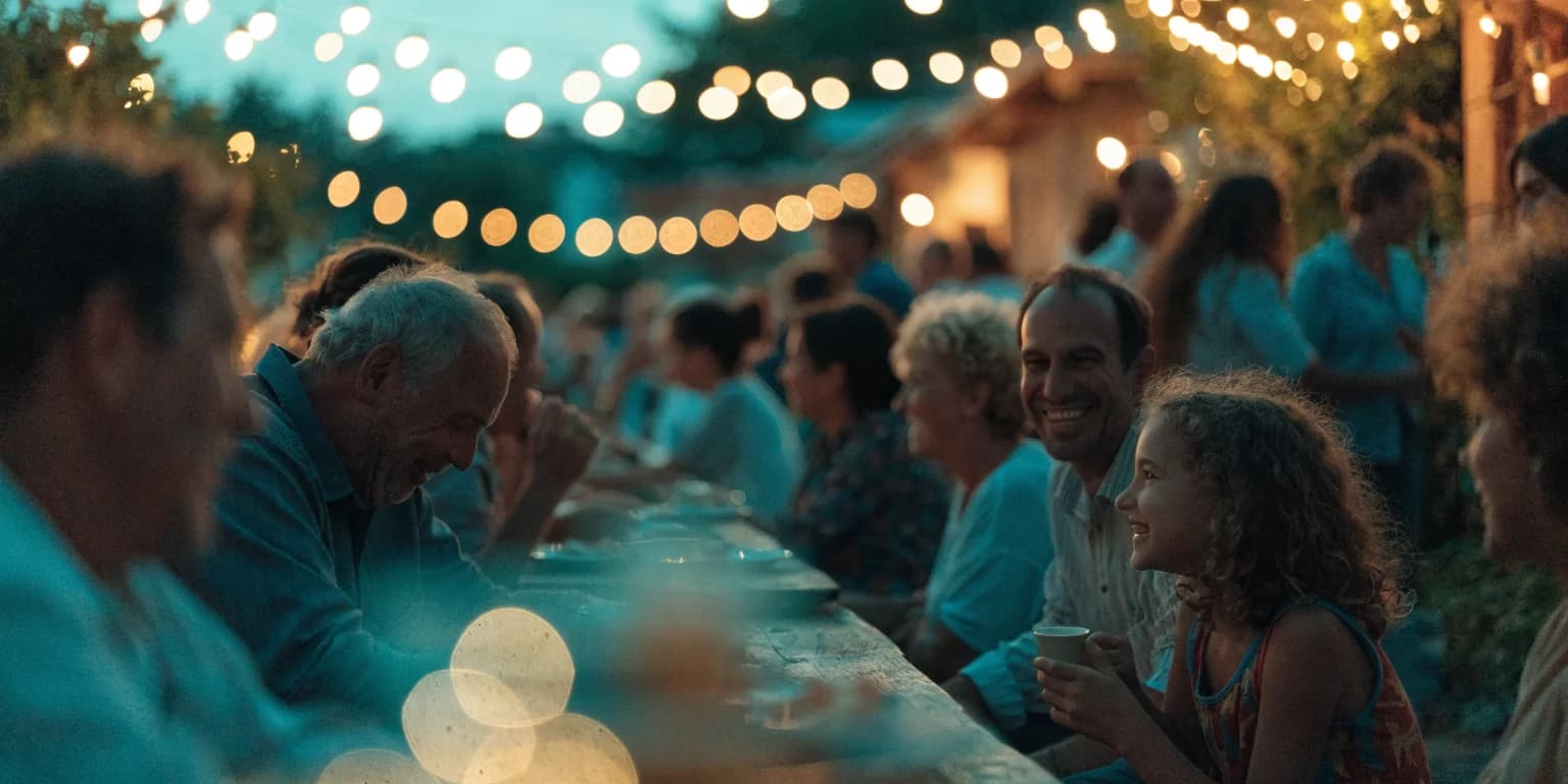 התכנסות קהילתית בערב לאור נורות תלויות